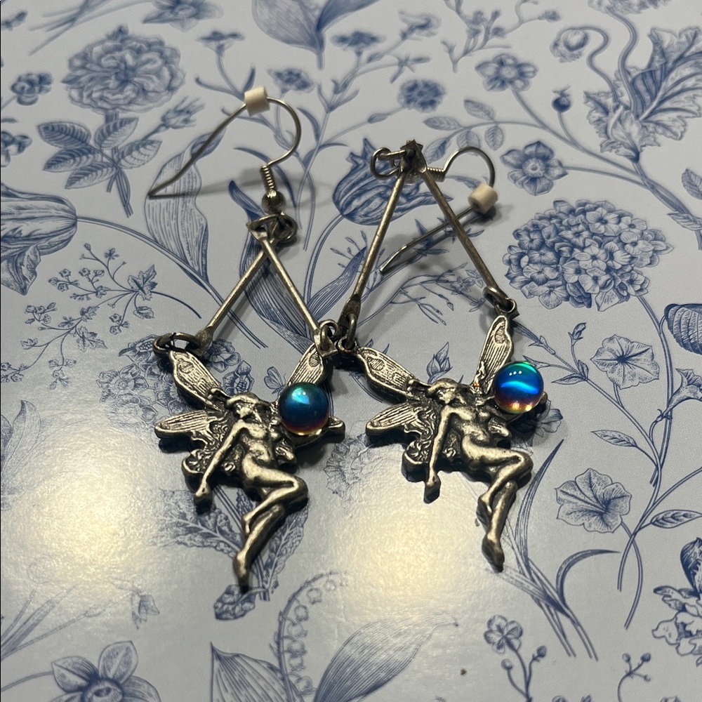 Source Unknown Silver Fairy Dangle Earrings with Iridescent Blue Beads